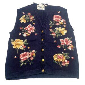 Vintage Floral Hand Embroidered Sweater Vest Cottagecore Grandmacore Academia XL